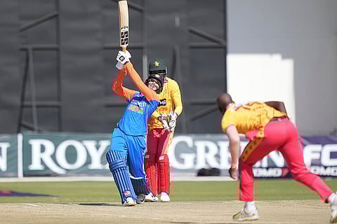 Abishek Sharma plays a shot against Zimbabwe